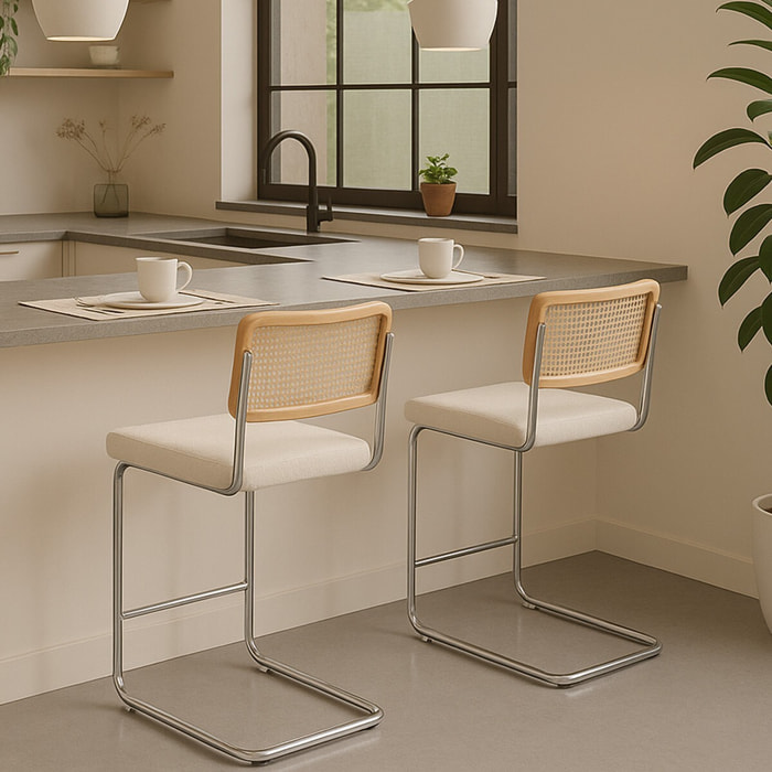 Lot de 2 tabourets de bar en cannage et tissu bouclé - MUSE