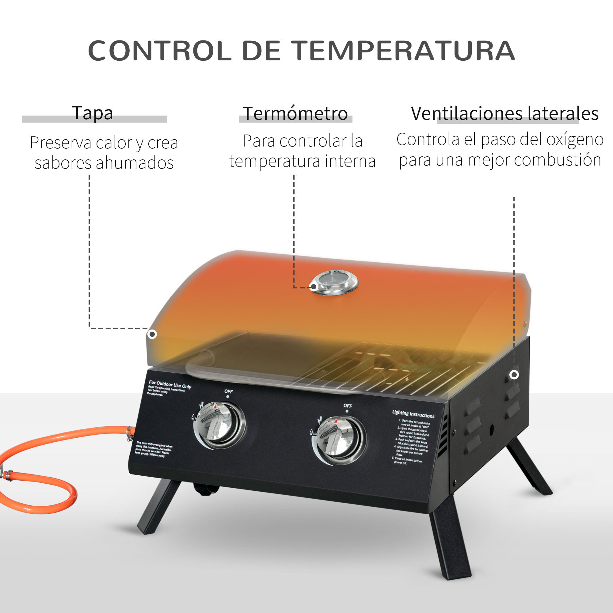 Barbacoa de Mesa a Gas Plegable con 2 Quemadores Parrilla de Gas Portátil con Tapa Acero a Carbono para Camping Picnic al Aire Libre Jardín 55x46,5x41 cm Negro