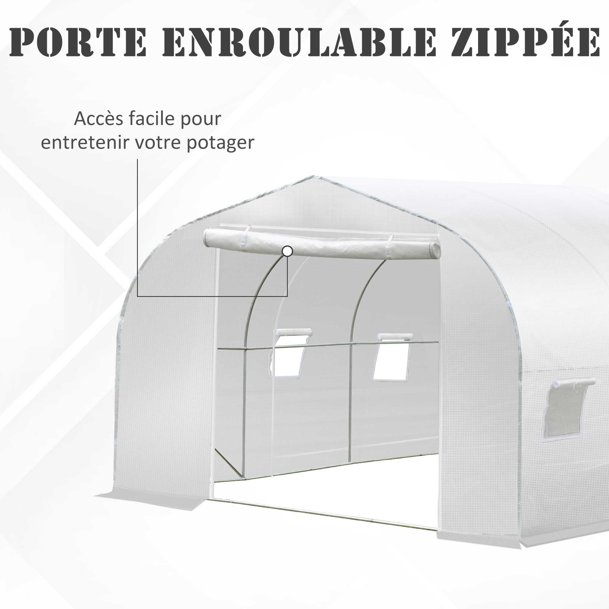 Serre tunnel de jardin dim. 3,5L x 3l x 2H m porte + 6 fenêtres enroulables acier galvanisé bâche PE haute densité blanc