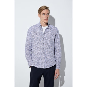 camicia uomo 1 bottone button down slim Popeline Stampato Bianco e Blu