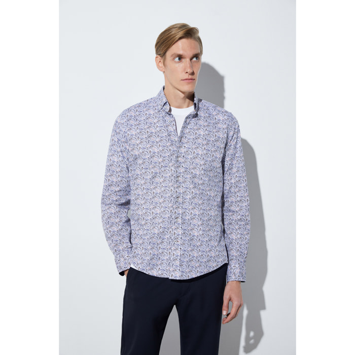 camicia uomo 1 bottone button down slim Popeline Stampato Bianco e Blu