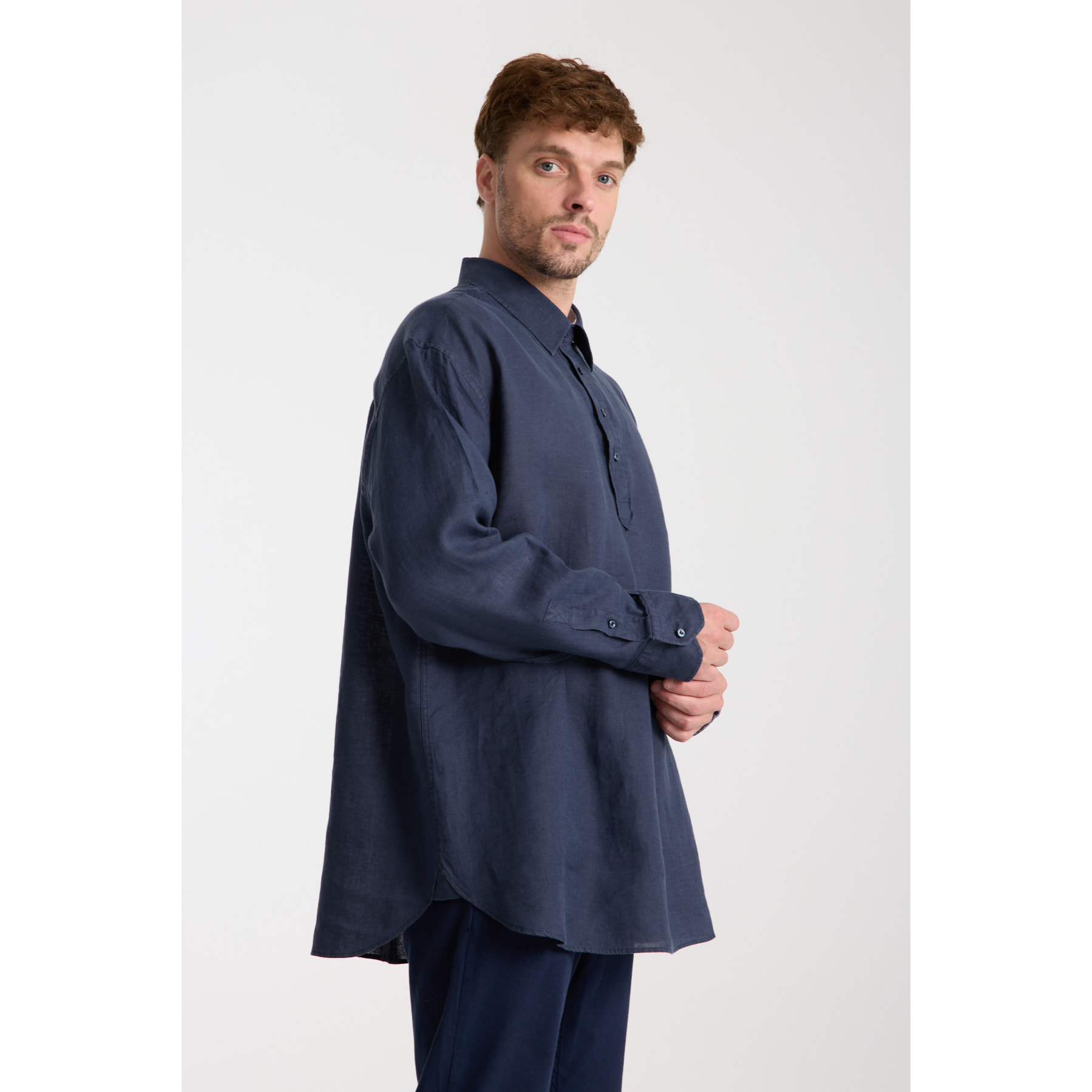 Camicia Uomo 1 Bottone Italiano Lino Unito Blu