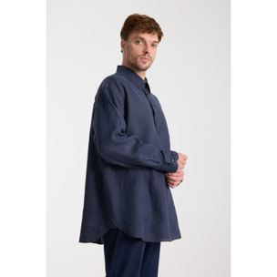 Camicia Uomo 1 Bottone Italiano Lino Unito Blu