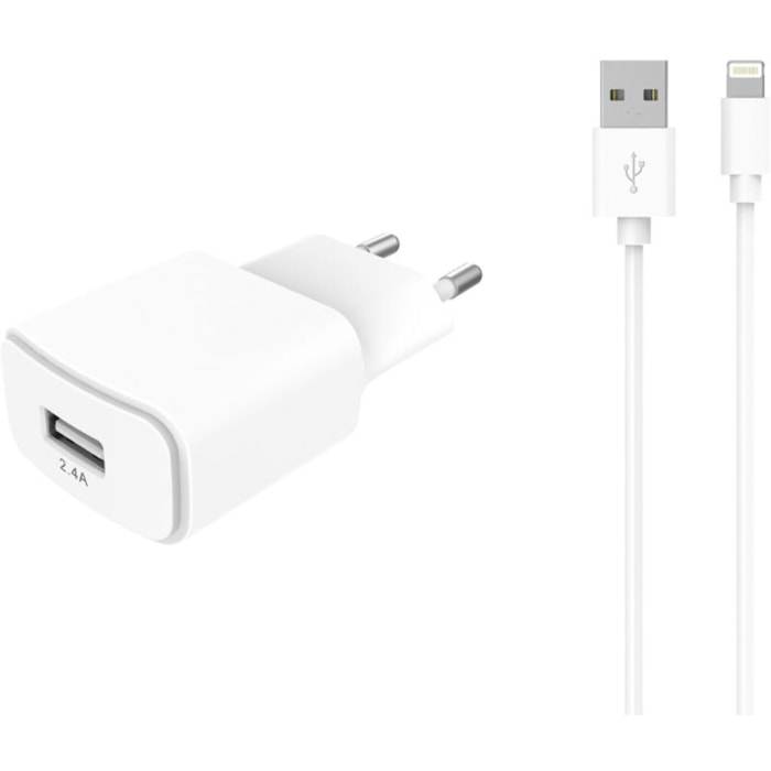 Chargeur + câble ESSENTIELB 12W USB-A + Câble lightning 1M Blanc compatible iPhone 17 16 15 Pro Max et Samsung Galaxy