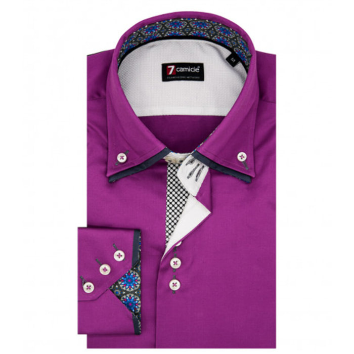 Camicia Uomo 3 Bottoni Button Down Doppio Collo Slim Satin Unito Viola Ciclamino