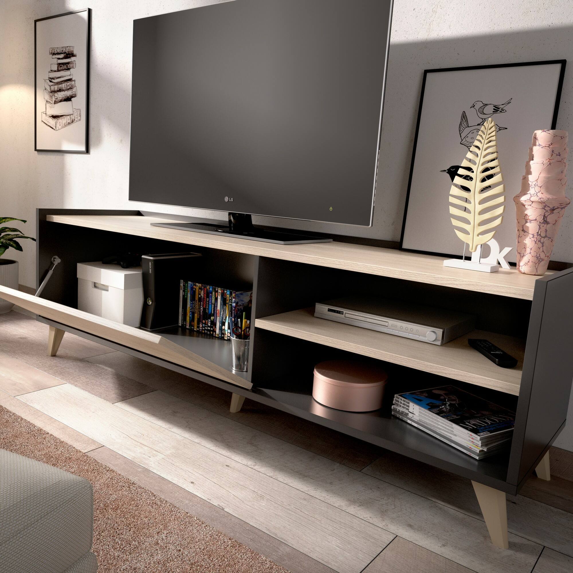 Mobile porta TV Asinara, Credenza bassa da soggiorno, Madia da salotto per televisione, 155x43h47 cm, Rovere e Antracite