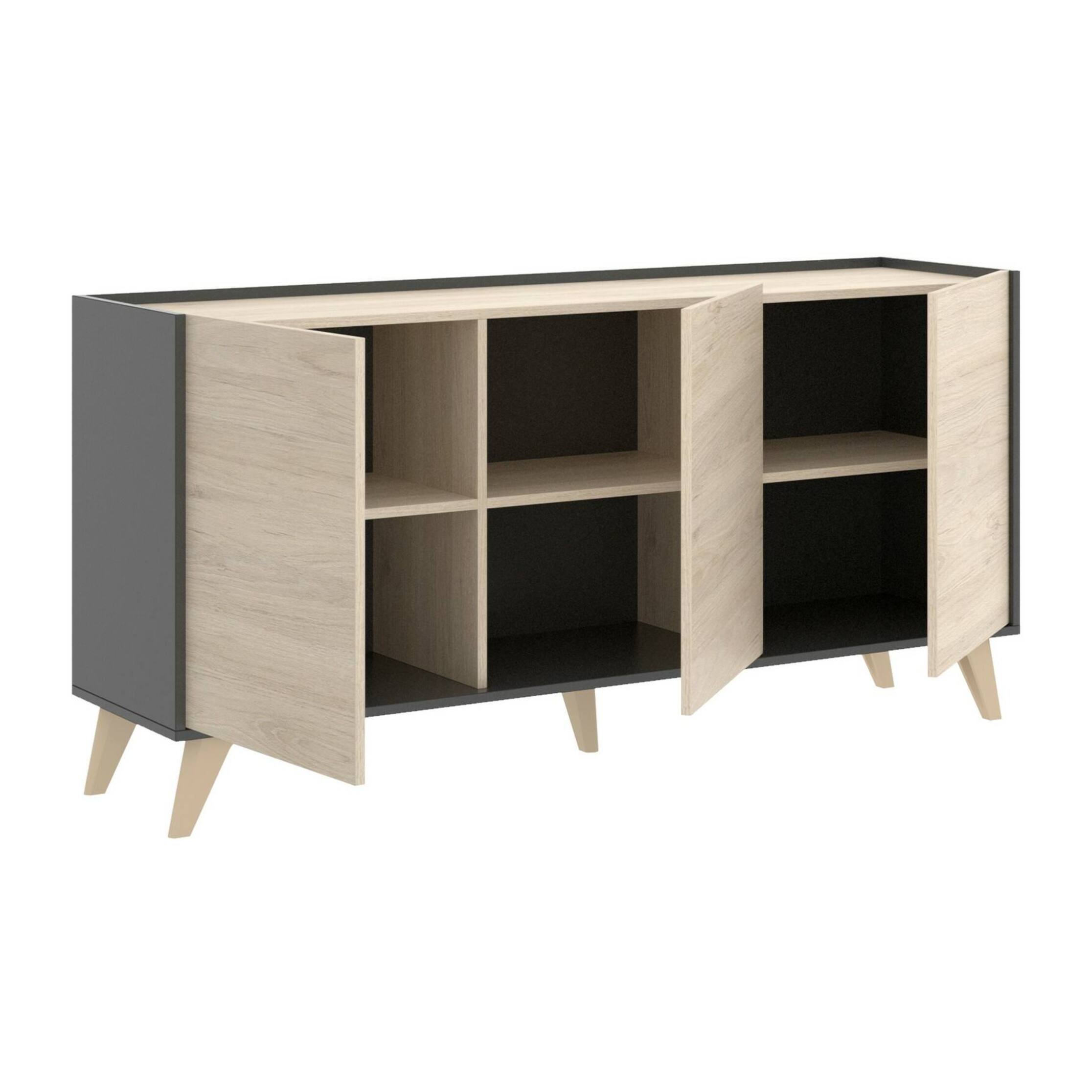 Credenza Avez, Buffet da soggiorno, Madia moderna da salotto a 3 ante, 155x43h75 cm, Rovere e Antracite