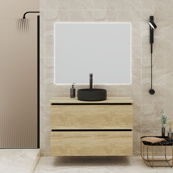 CONJUNTO DE BAÑO GLOOM | MUEBLE DE BAÑO SUSPENDIDO | 100 CM NATURE| DOS CAJONES | LAVABO SOBRE ENCIMERA | MUEBLE MONTADO | ALDAY