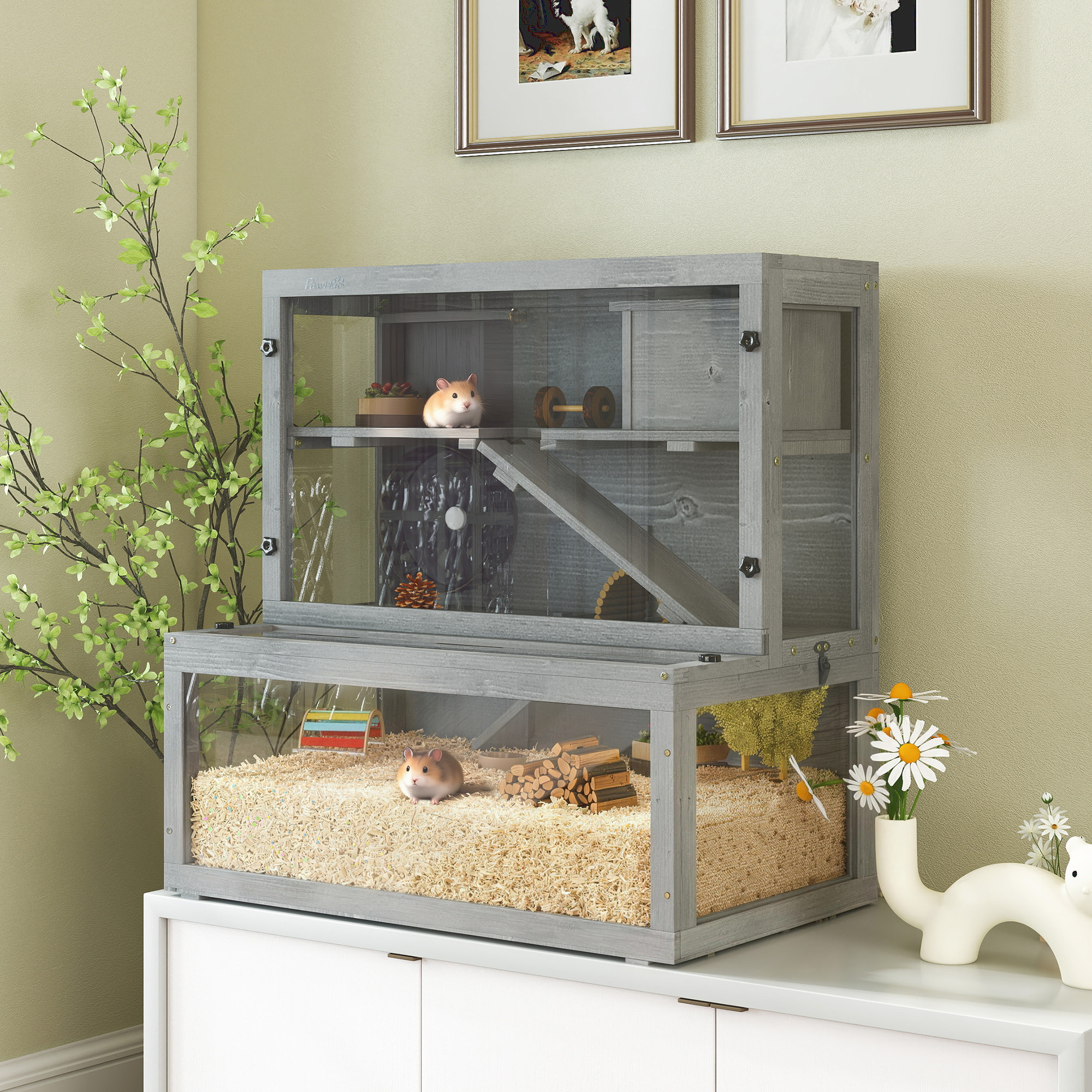 Cage hamster 3 niveaux avec cabane roue rampes bois gris