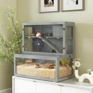 Cage hamster 3 niveaux avec cabane roue rampes bois gris