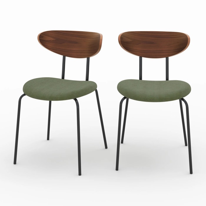 Lot de 2 chaises en velours côtelé vert kaki et dossier en noyer - Jade