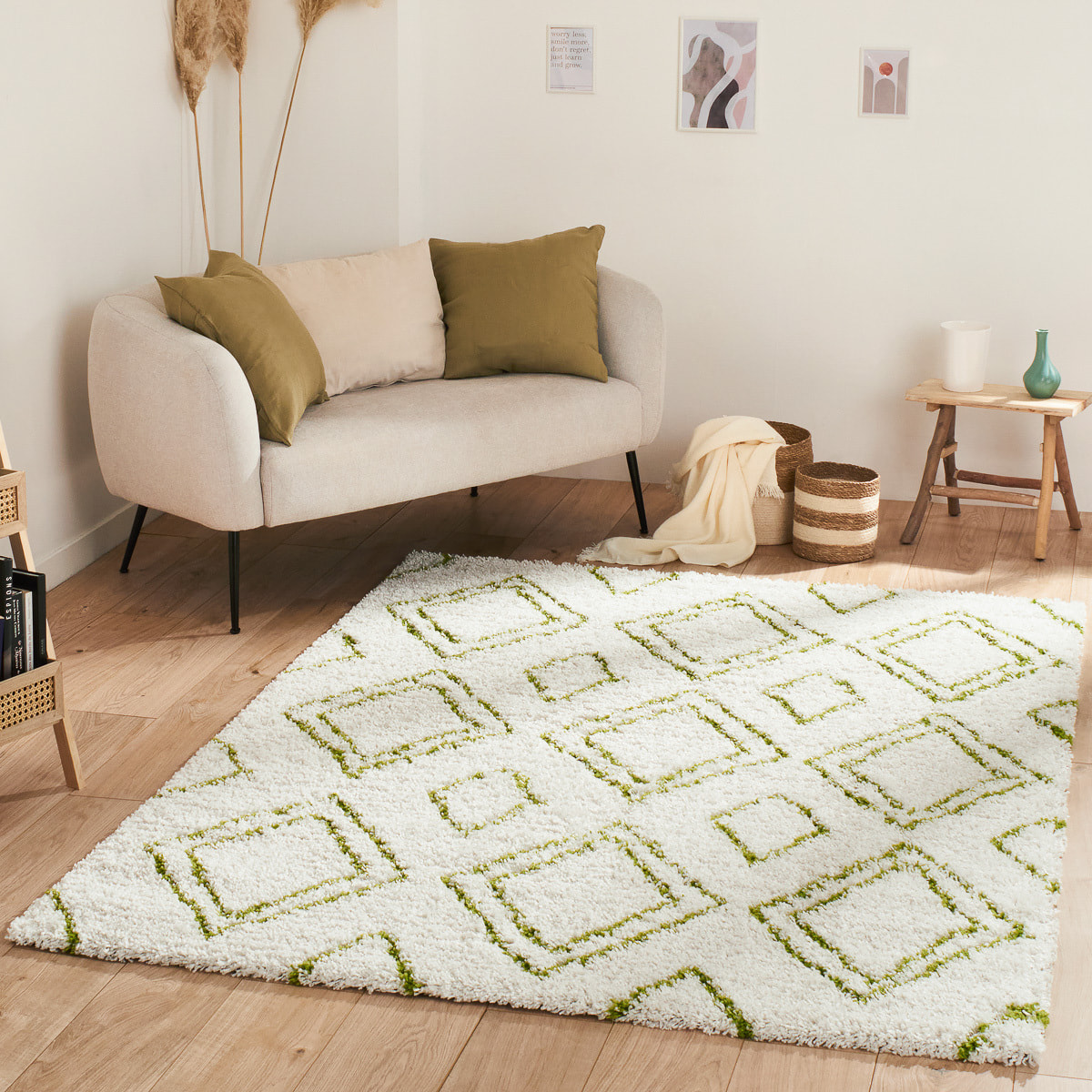 Terra - tapis shaggy de salon en laine artificielle vert prairie