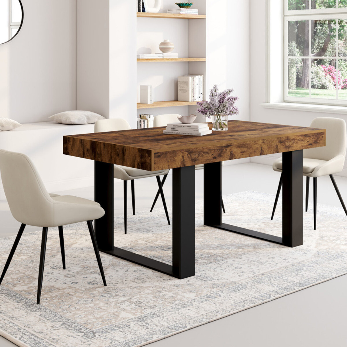 Table à manger Brixton bois vieilli et pieds noirs 160cm