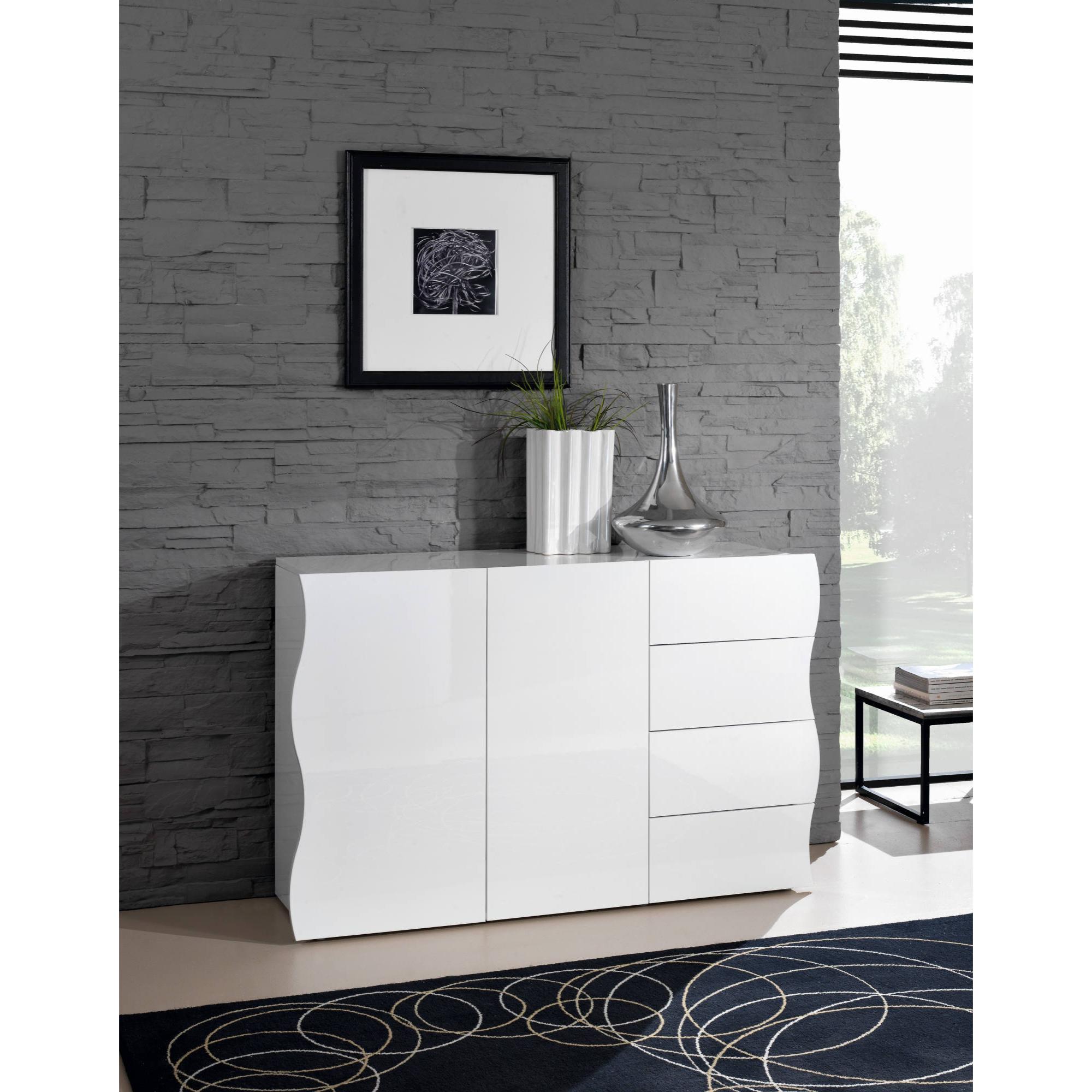 Credenza ondulata, Madia di design a 2 ante e 4 cassetti, Made in Italy, Mobile Porta TV, Buffet da soggiorno, cm 124x40h81, colore Bianco lucido