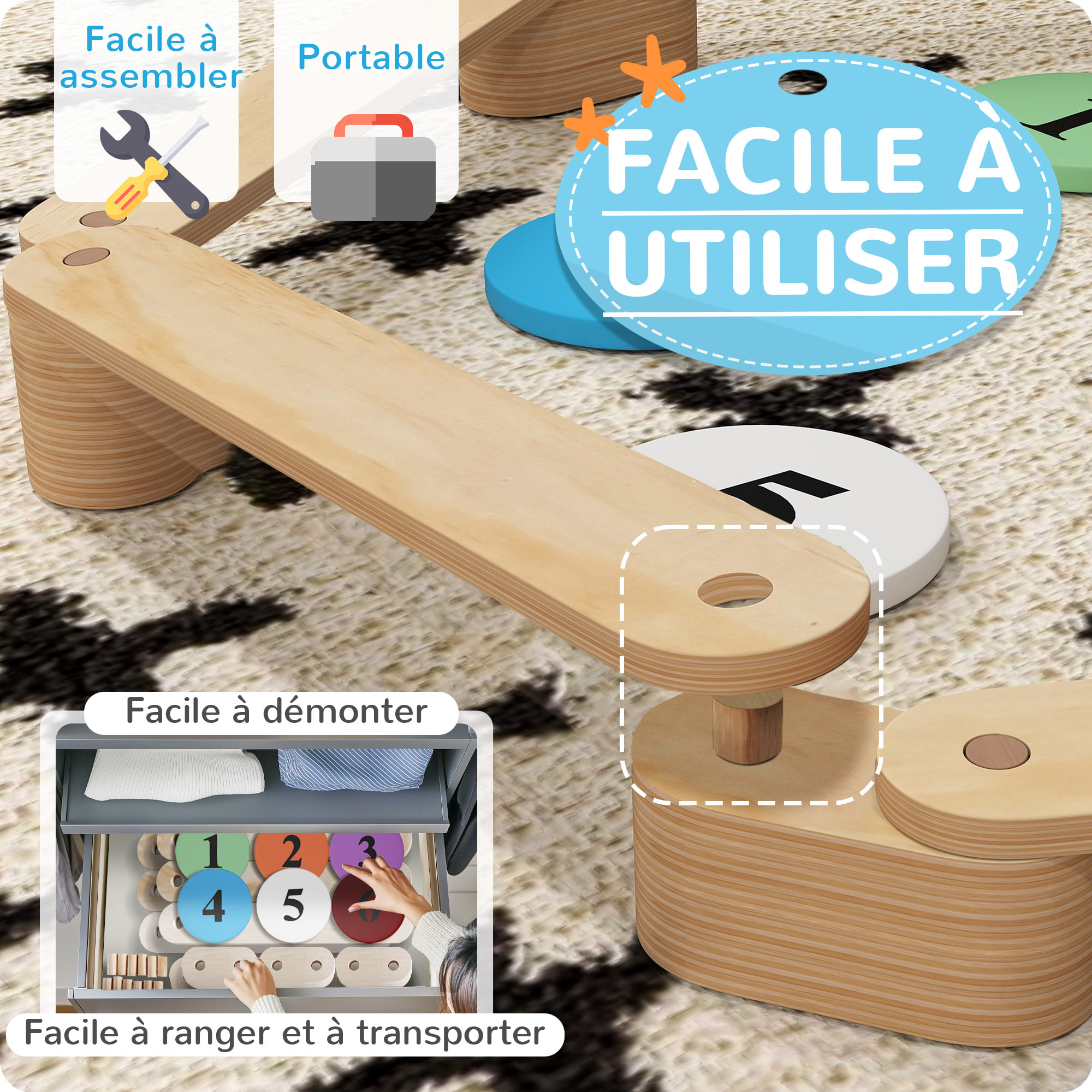 Poutre d'équilibre enfant en bois - pierres d'obstacle colorées - intérieur extérieur