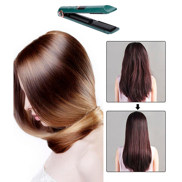 Plancha de pelo inalámbrica 2 en 1, rizado y alisado. Con 3 niveles de potencia y pantalla LED con indicador de carga.