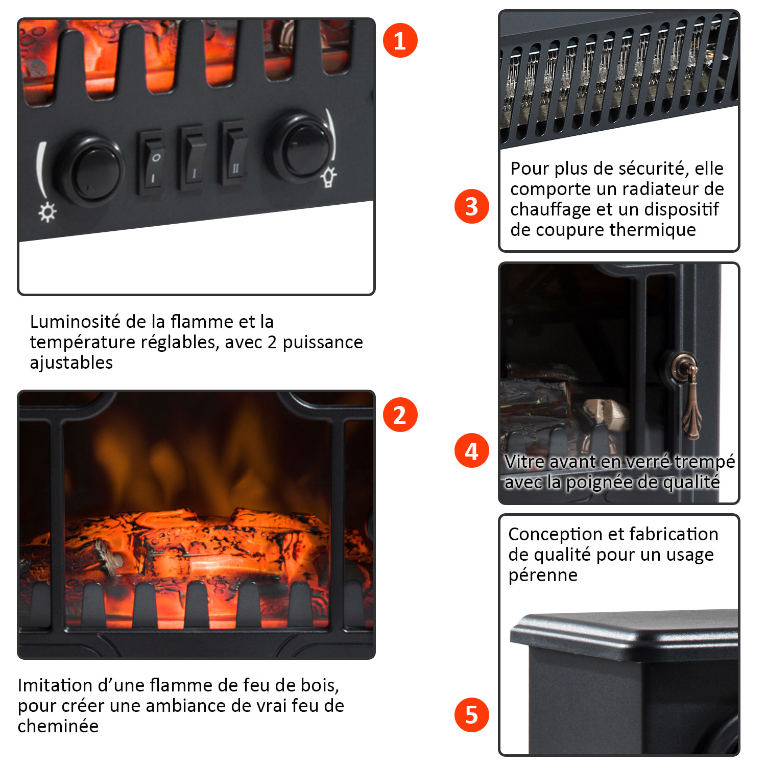 Cheminée électrique radiateur imitation flamme avec luminosité et réglable 900 W / 1800 W porte métal verre trempé noir