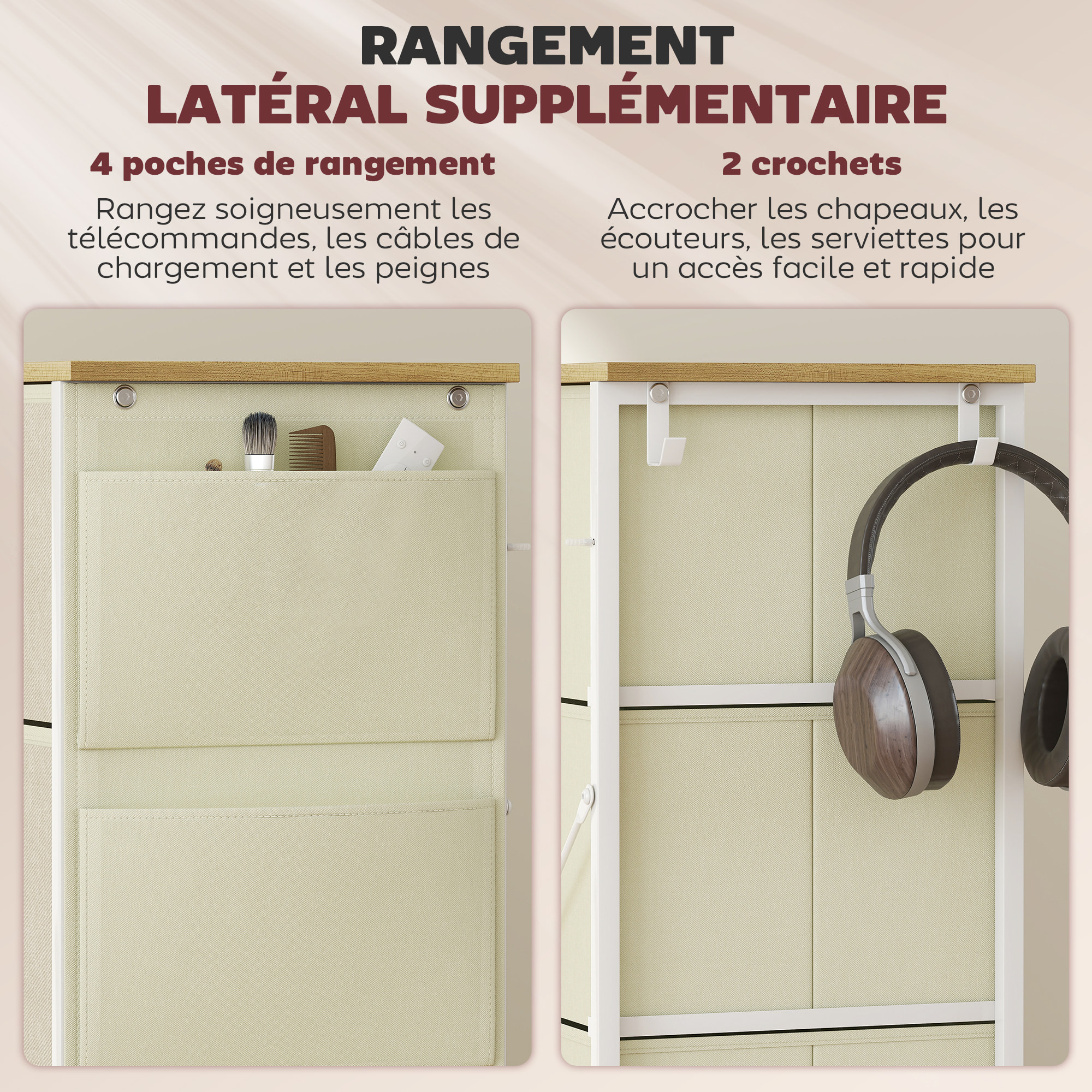 Commode 8 tiroirs en tissu beige 4 poches 2 crochets acier blanc effet bois