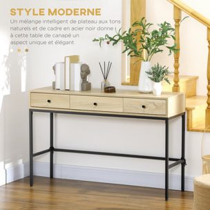 Console design industriel 3 tiroirs structure piètement acier noir panneaux aspect bois clair