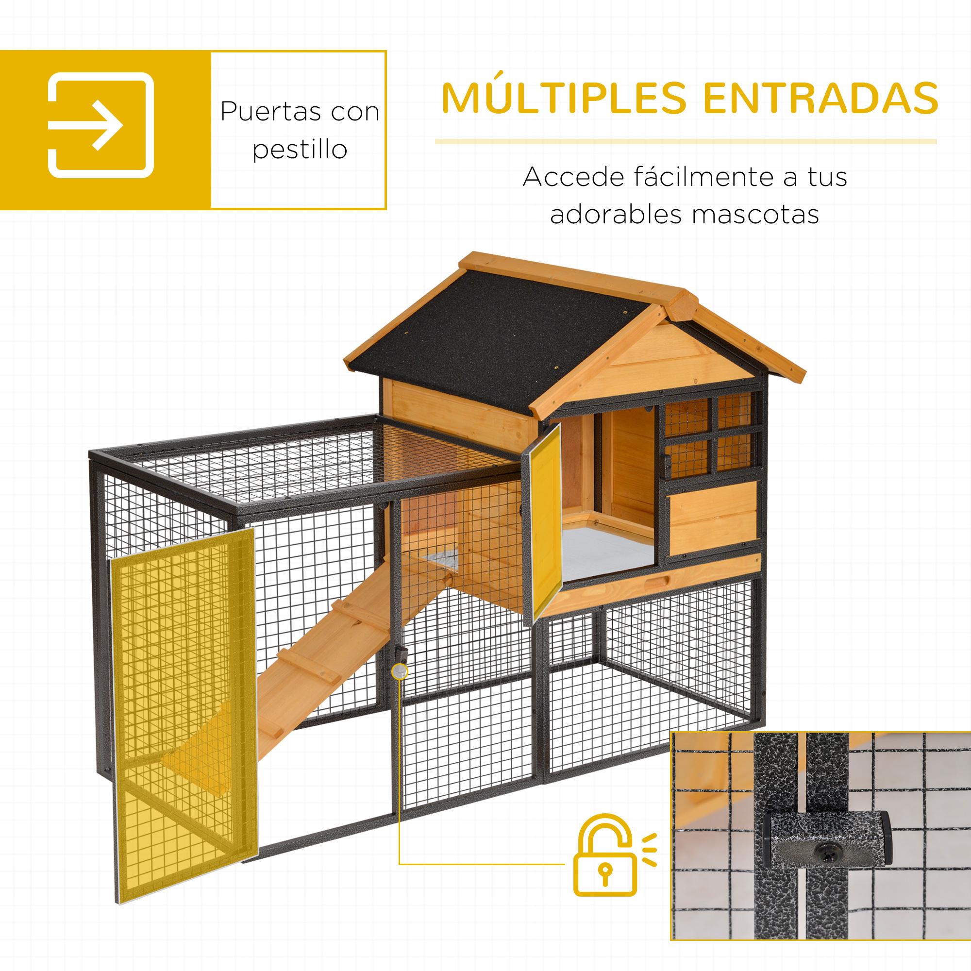 Conejera de Exterior Jaula para Mascotas Pequeñas 2 Niveles con Rampa Bandeja Extraíble de Madera y Metal 122x63x92 cm para Conejos Cobayas Madera y Gris