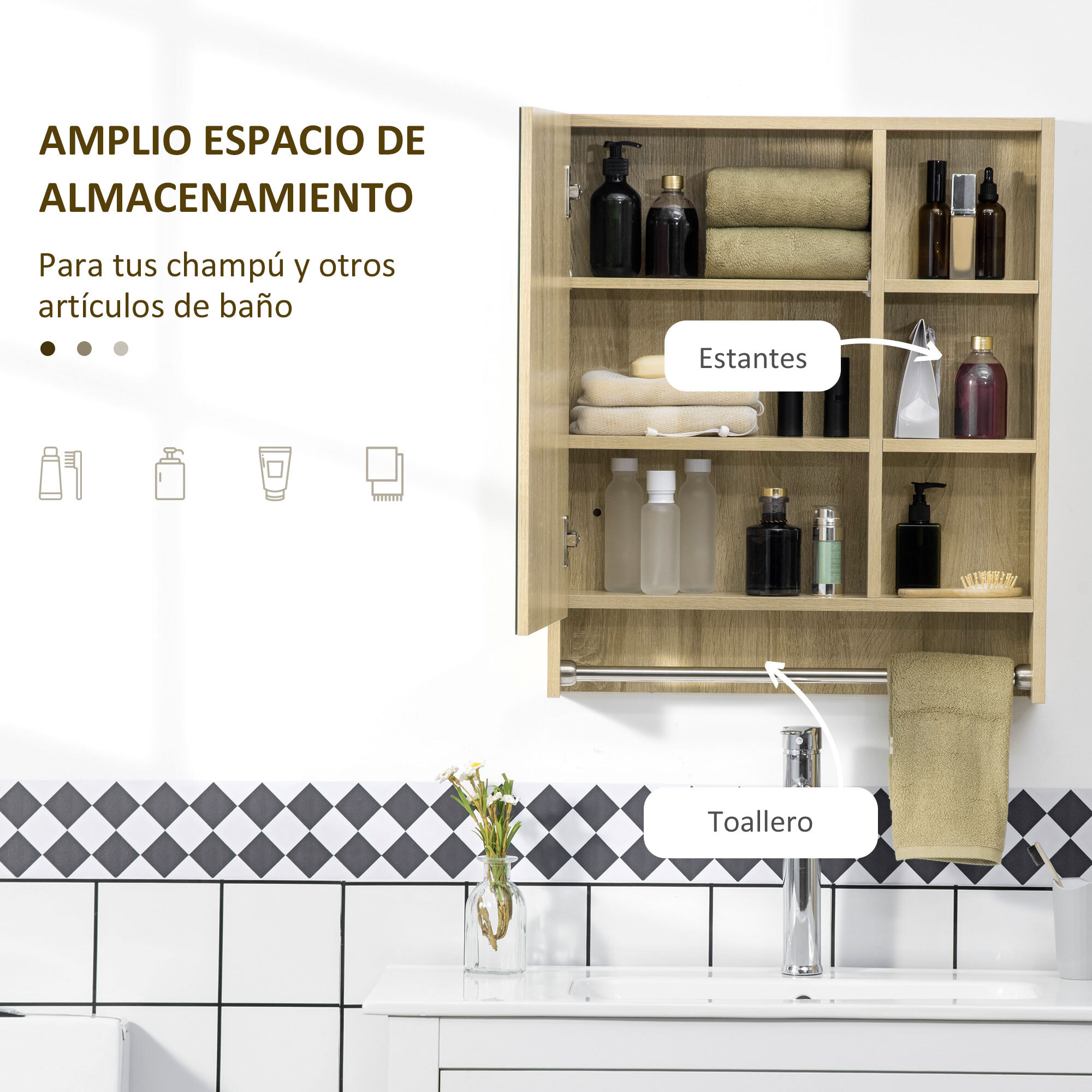 Armario de Baño con Espejo Armario de Pared con 1 Puerta Estante Ajustable Toallero y Compartimento Mueble de Baño Colgante para Salón 60x15x70 cm Roble