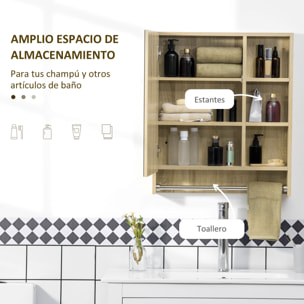 Armario de Baño con Espejo Armario de Pared con 1 Puerta Estante Ajustable Toallero y Compartimento Mueble de Baño Colgante para Salón 60x15x70 cm Roble