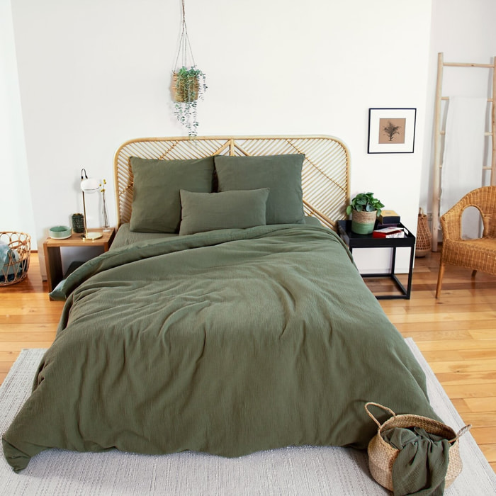 Parure housse de couette unie 100% gaze de coton - ozen - kaki