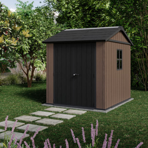Newton + 757/775 - Casetta da Giardino 223x246x230 cm 2 Ante per deposito attrezzi finitura effetto legno Evotech+ in Resina Marrone e Nero
