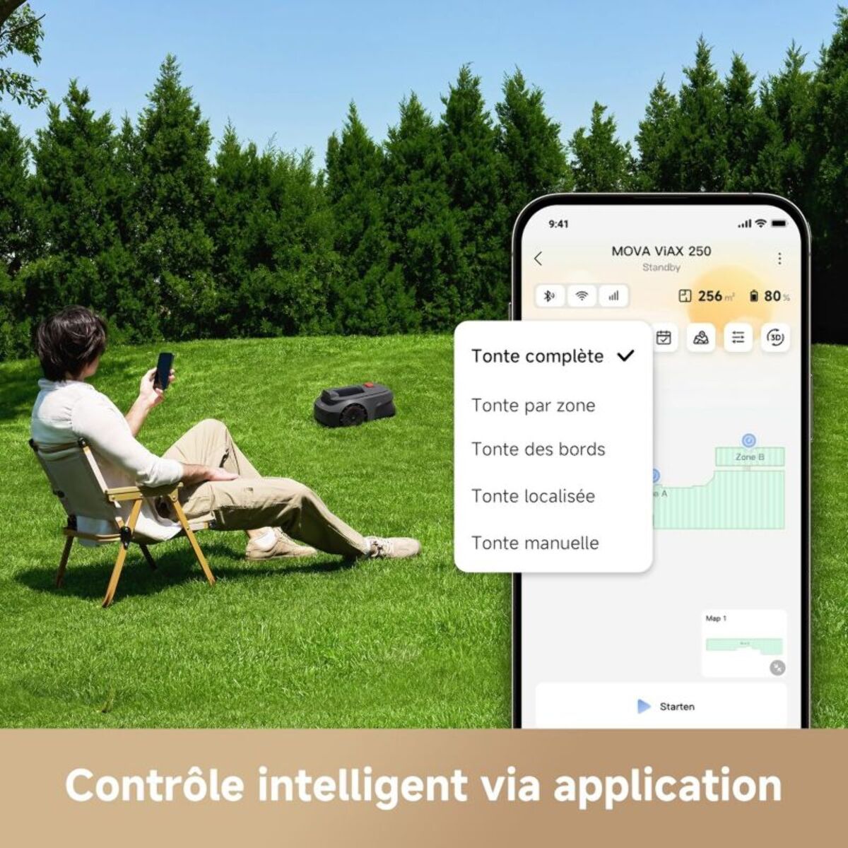 Robot tondeuse MOVA Viax 250 sans fil périphérique, 250 m² de superficie, cartographie assistée par l'IA