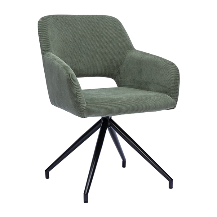 Chaise pivotante 360° en tissu velours côtelé vert kaki et métal noir LAURETTE