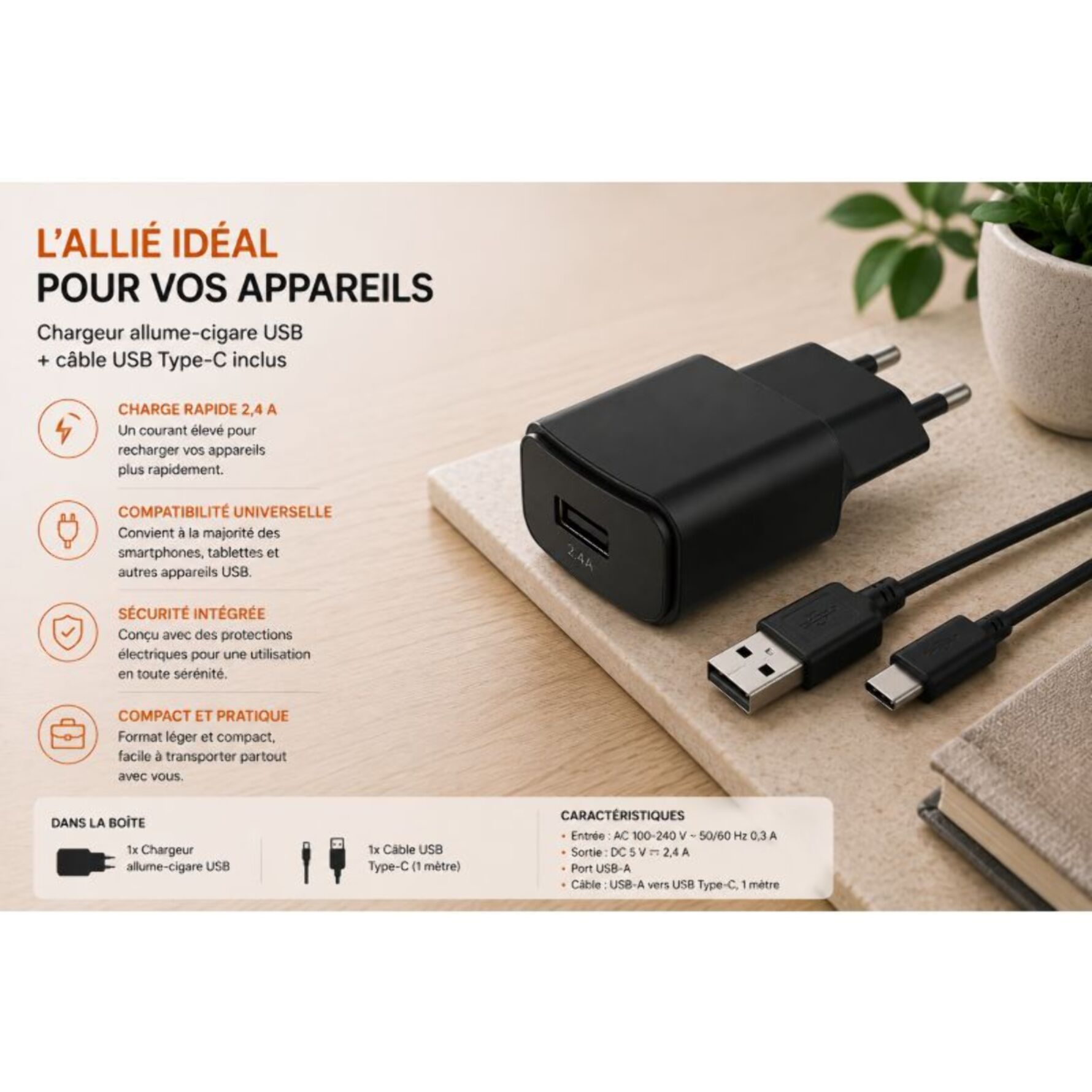 Chargeur + câble ESSENTIELB 12W Smart IC USB-A + Cable USB-C 1M compatible iPhone 17 16 15 Pro Max et Galaxy S25 S24