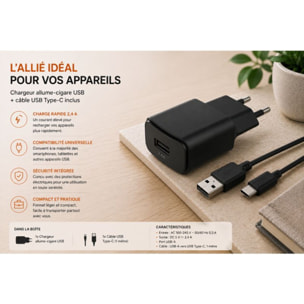 Chargeur + câble ESSENTIELB 12W Smart IC USB-A + Cable USB-C 1M compatible iPhone 17 16 15 Pro Max et Galaxy S25 S24