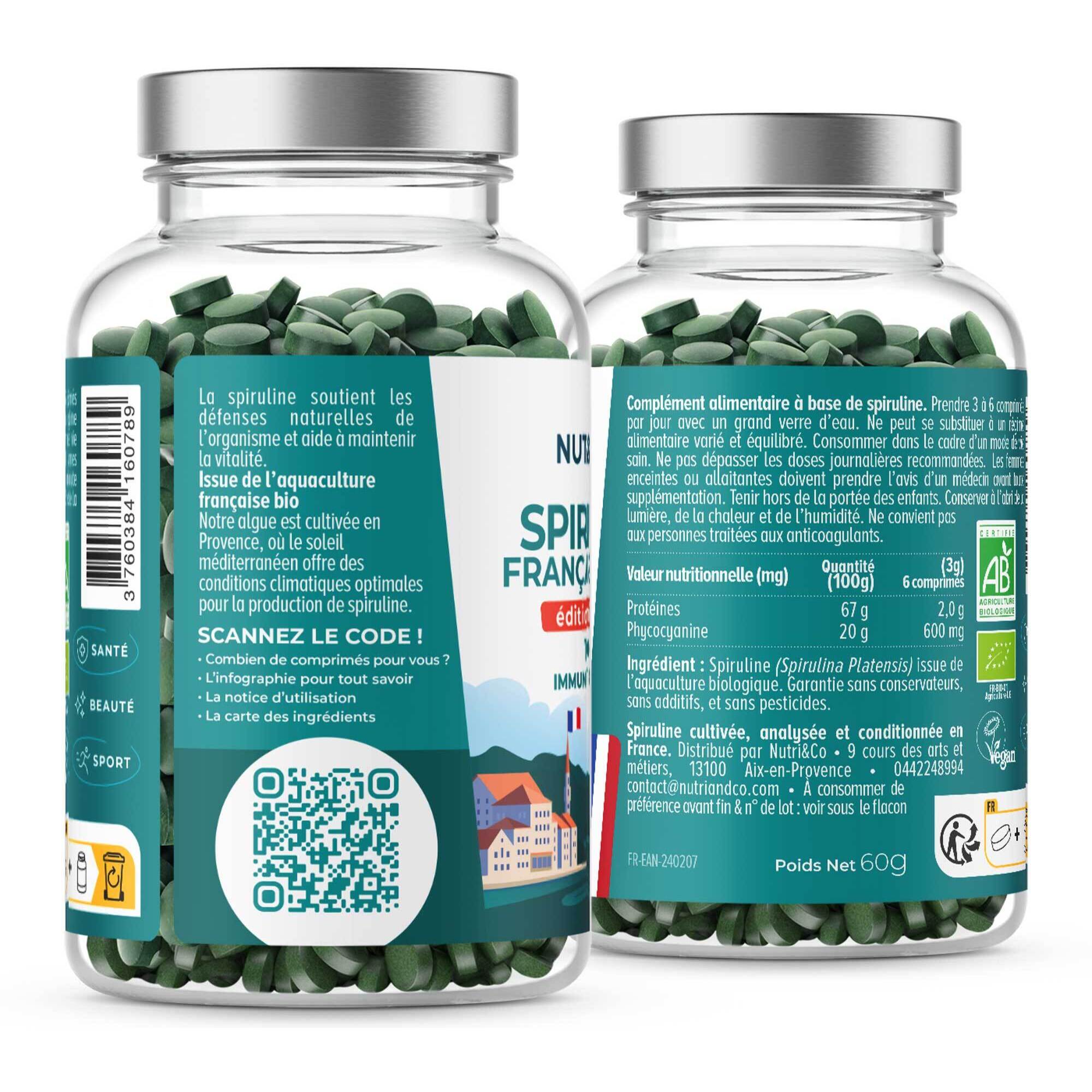 Nutri&Co Spiruline BIO 100% Française Cultivée en Provence - 120 comprimés Vegan