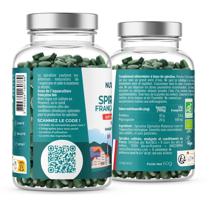 Nutri&Co Spiruline BIO 100% Française Cultivée en Provence - 120 comprimés Vegan