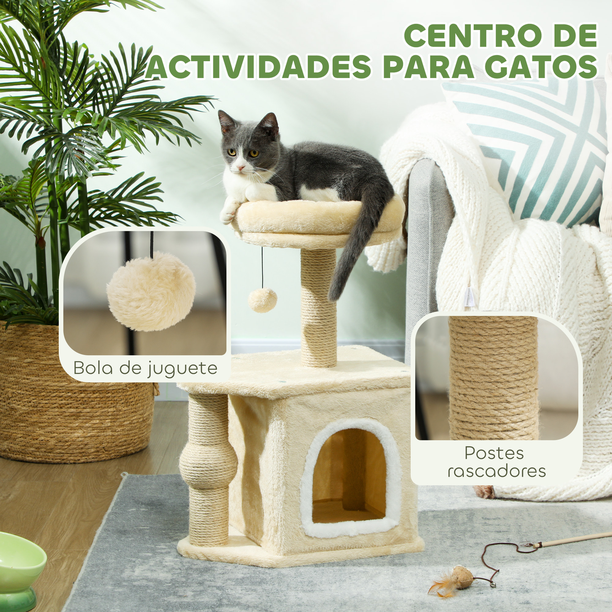 Árbol Rascador para Gatos Altura 66 cm Árbol para Gatos Torre para Gatos con Cama Cueva Plataforma Bola Colgante y Poste de Yute Beige