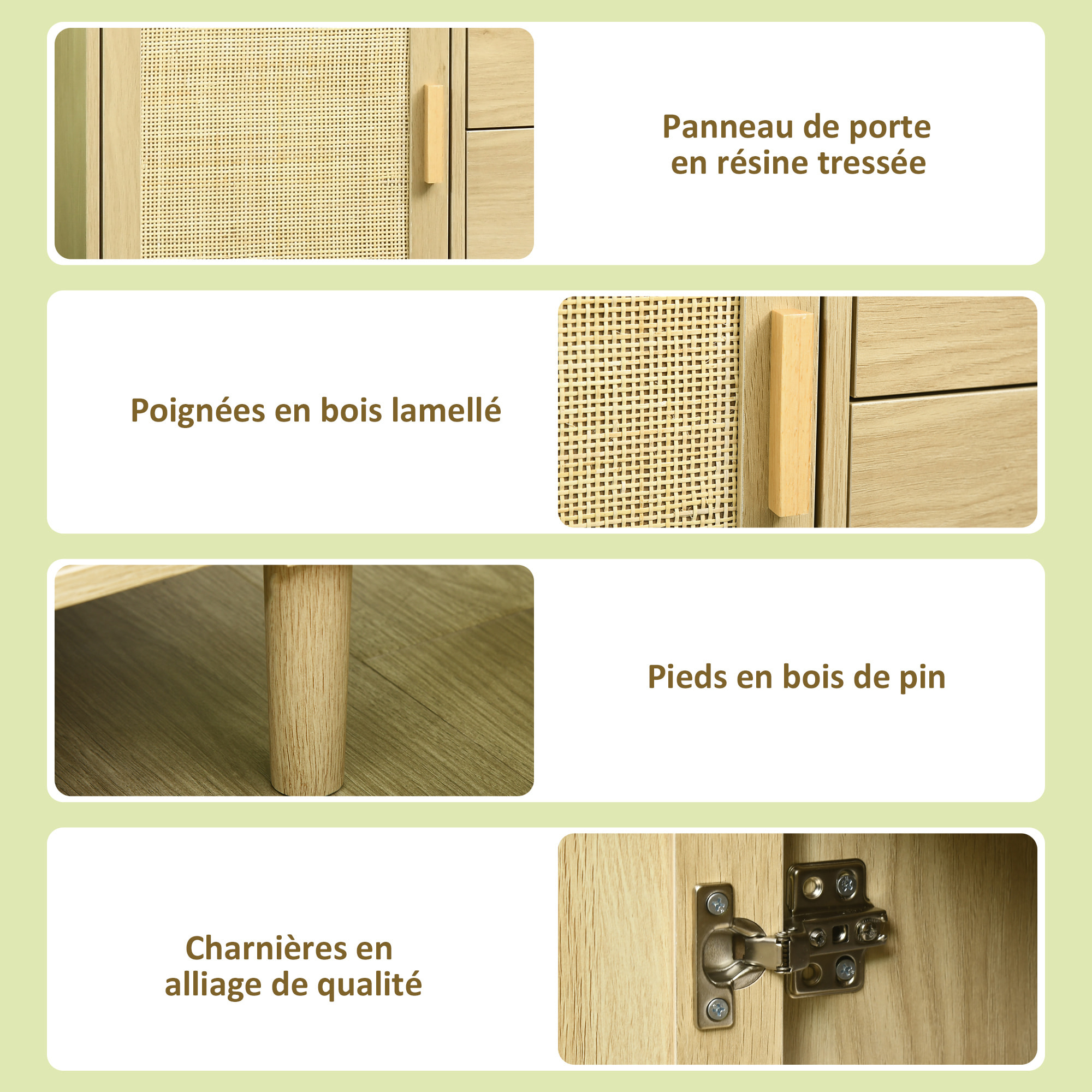 Buffet cannage rotin style naturel - porte, étagère, 4 tiroirs - dim. 80 x 38 x 80,5 cm - effet bois clair