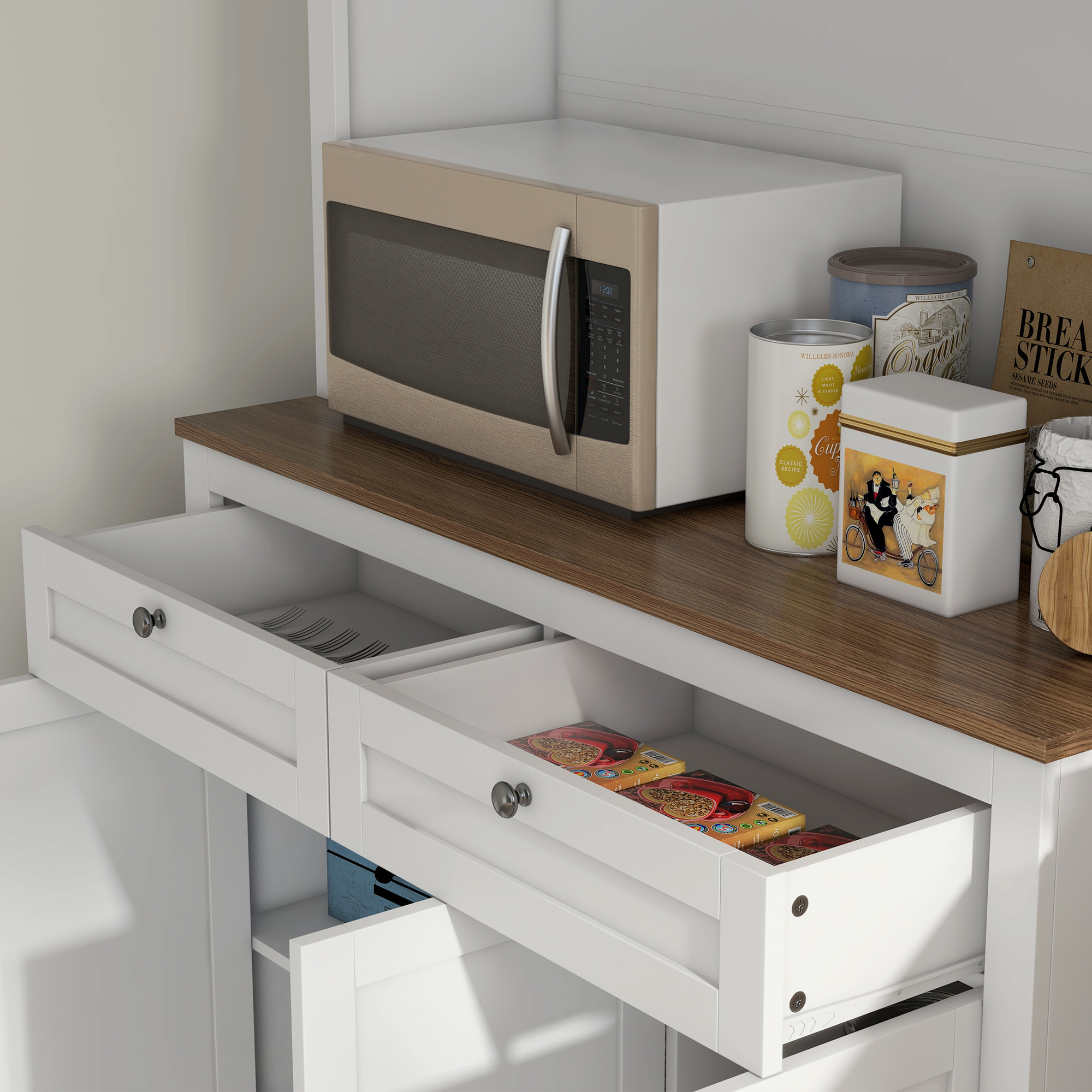 Alacena de Cocina Mueble Auxiliar de Cocina Armario de Cocina con 3 Puertas de Vidrio Compartimento Abierto 2 Cajones y Estantes Ajustables 100x40x180 cm Blanco