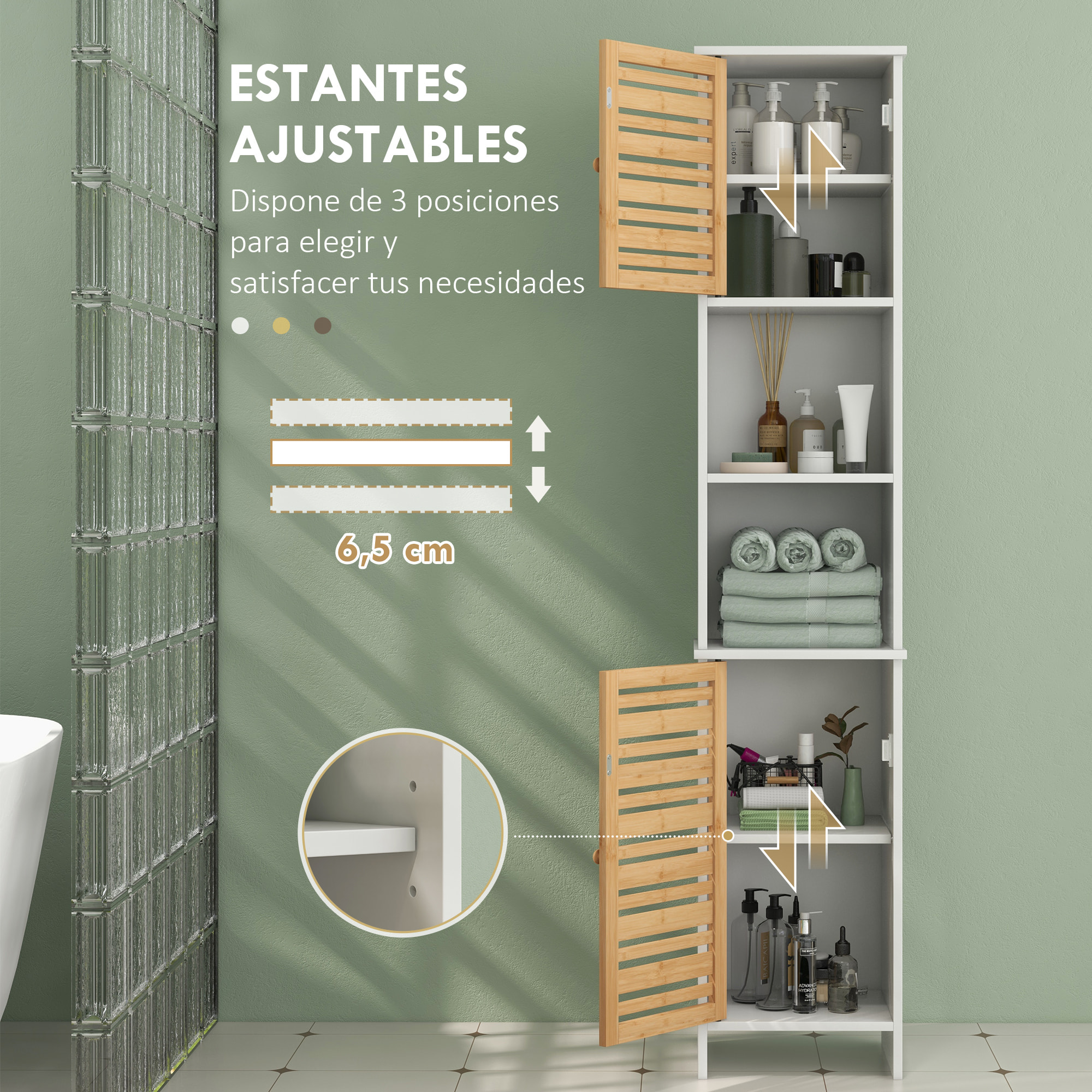 Columna de Baño Moderna Mueble Auxiliar de Baño Armario de Baño con Estantes Ajustables y Puertas de Bambú Anti-vuelco 35x30x170 cm Blanco y Natural