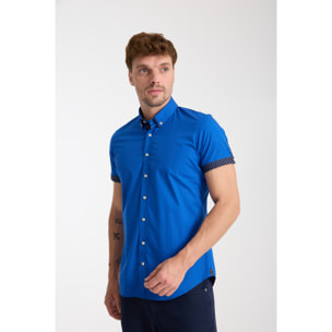 camicia uomo slim 1 bottone button down doppio collo Popeline Stretch Unito Bluette