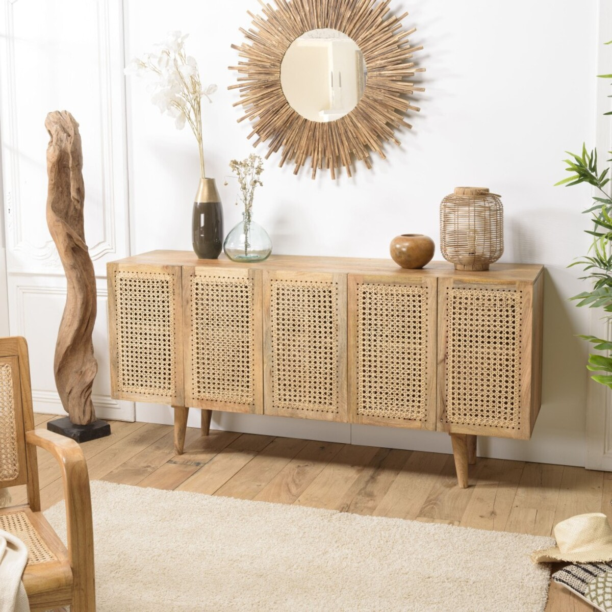 ISA - Buffet marron 5 portes bois de manguier et cannage couleur naturelle