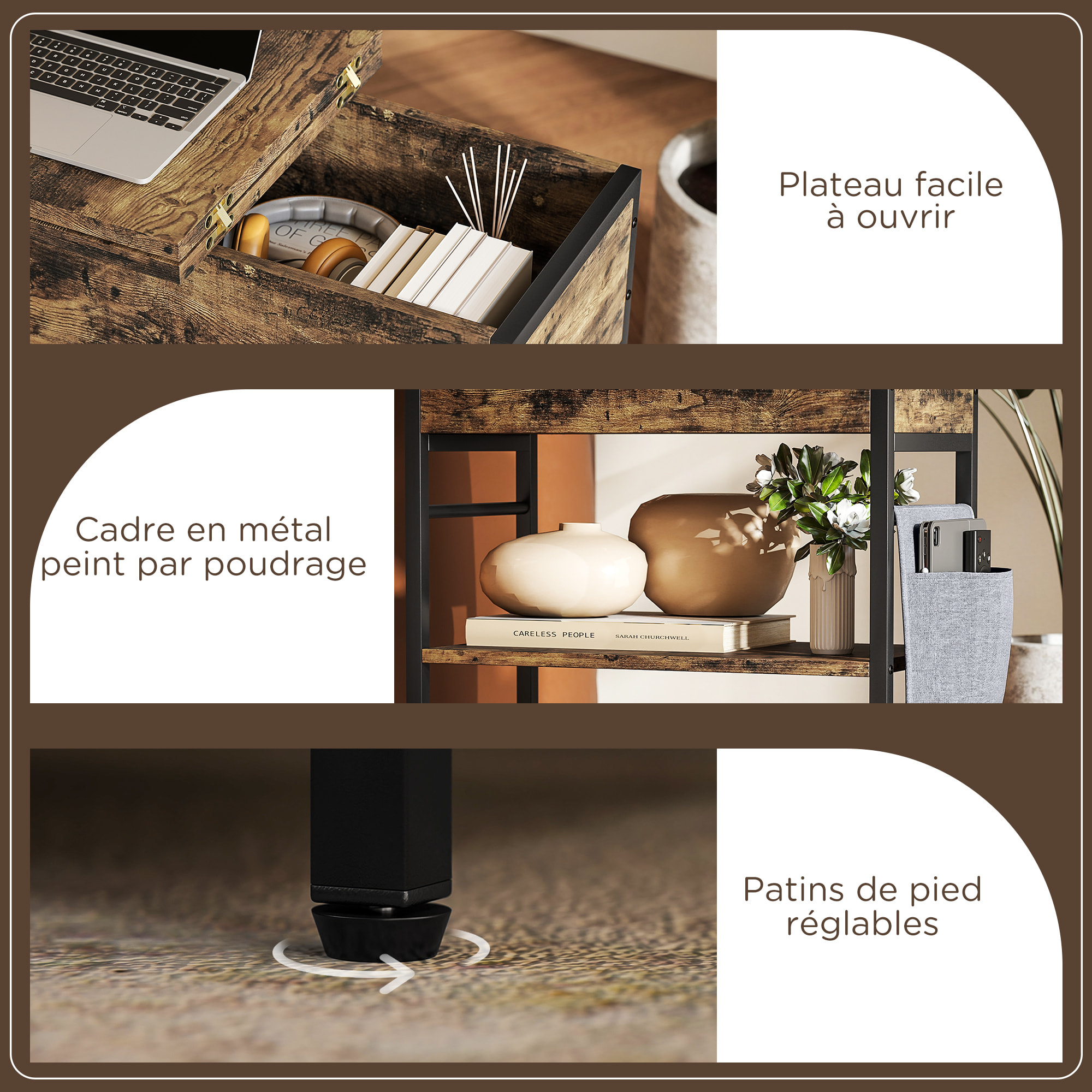Console style industriel avec station de charge prises secteur et USB dim. 60 x 30 x 58,5 cm métal noir effet bois vieilli