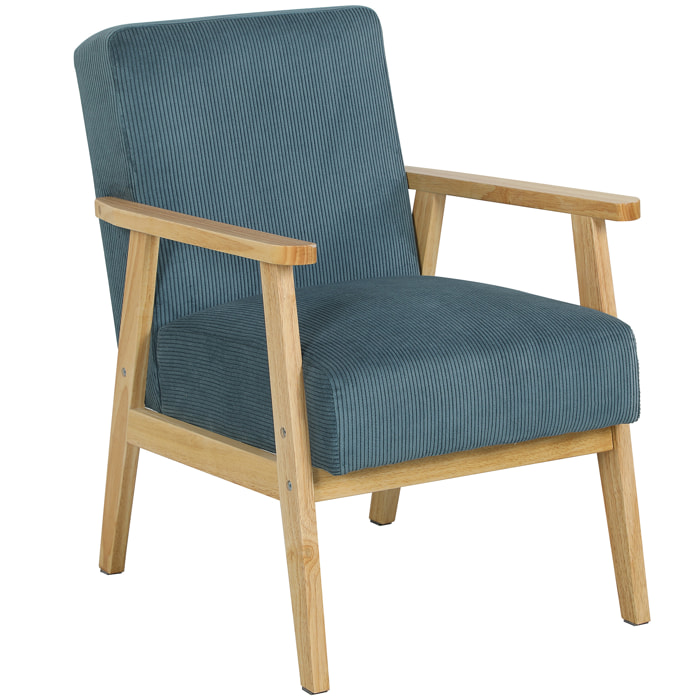 Fauteuil lounge style nordique piètement structure accoudoirs bois hévéa velours côtelé bleu