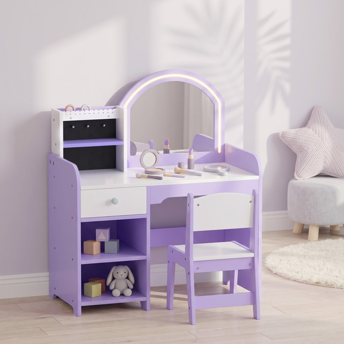 Coiffeuse enfant chaise miroir LED réglable multi-rangement violet