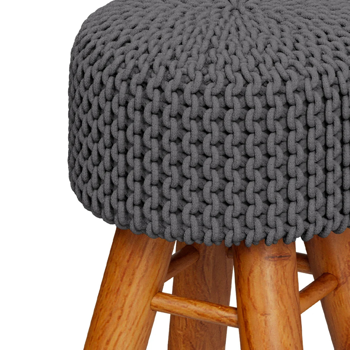Petit tabouret rond en tricot coton gris foncé et pieds en bois - Lisa