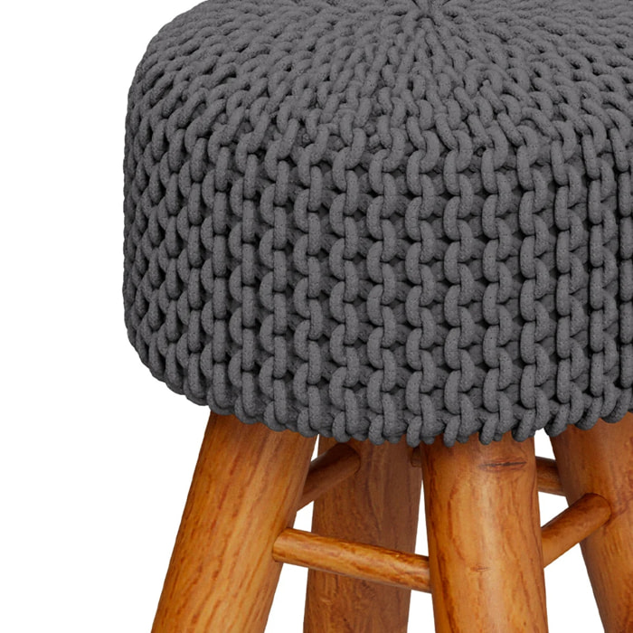 Petit tabouret rond en tricot coton gris foncé et pieds en bois - Lisa