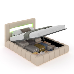 MAKILA Lit nuage avec coffre de rangement et LED 180x200cm en velours beige avec tête de lit et sommier