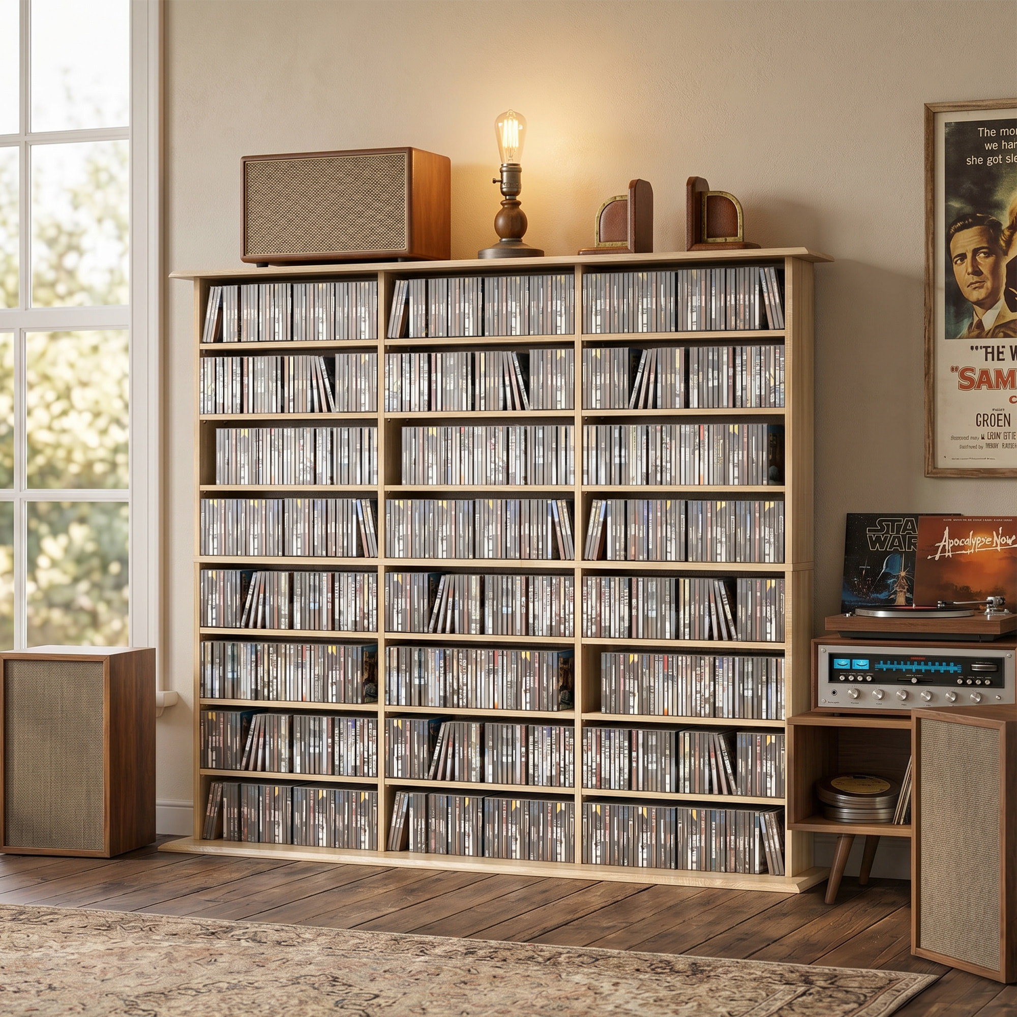 Rangement CD et DVD 24 compartiments 18 étagères réglables effet bois clair