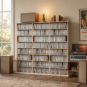 Rangement CD et DVD 24 compartiments 18 étagères réglables effet bois clair