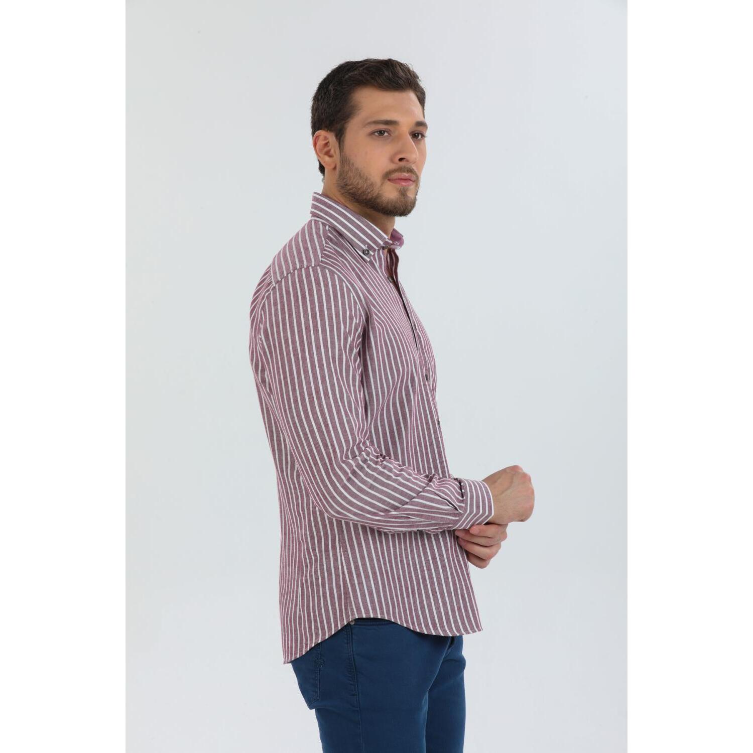 camicia uomo 1 bottone button down slim Lino Cotone Riga Media Bordeaux e Rosa