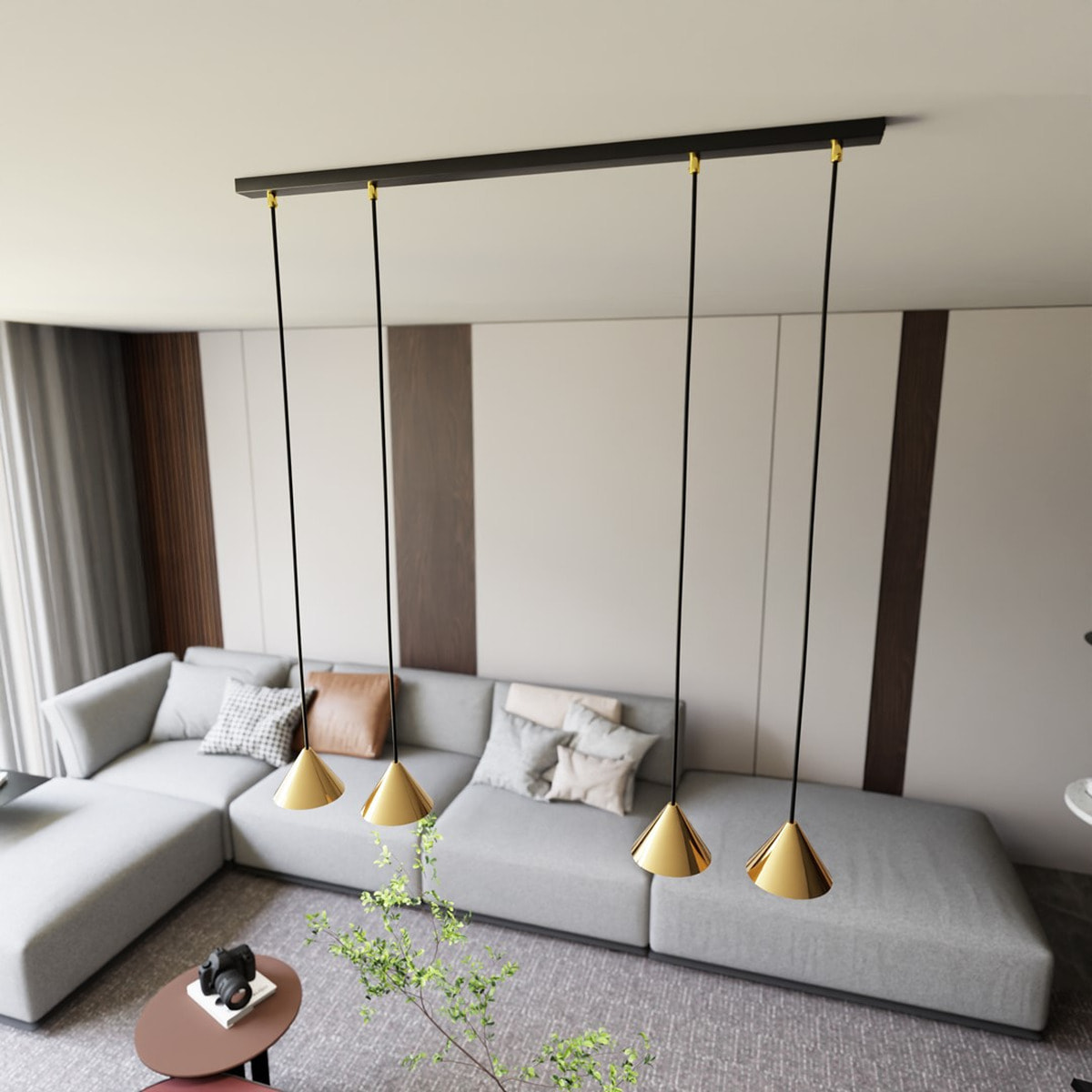 Lampada a sospensione ELIT con diffusori conici oro e struttura nera